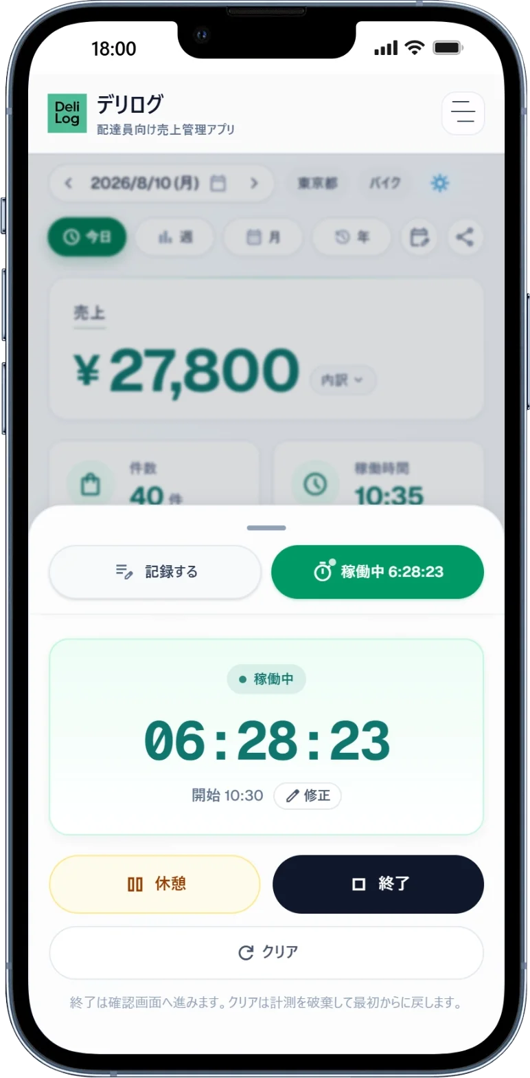 デリログの稼働タイマーで記録。配達中にサッと入力